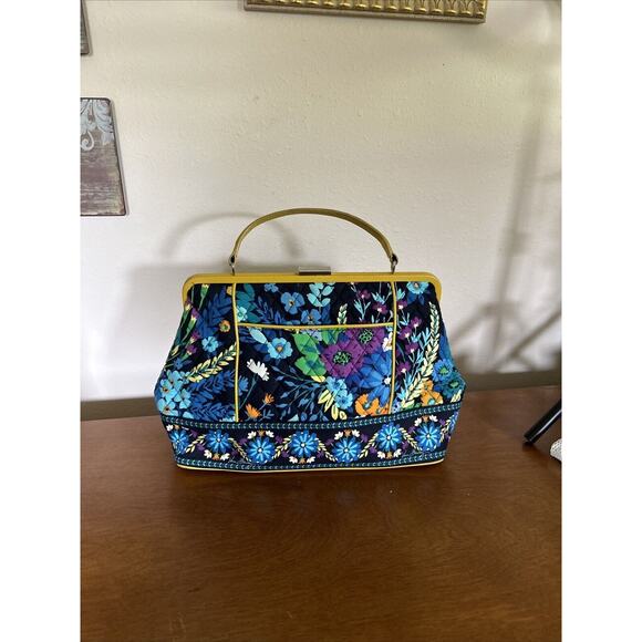 Vera Bradly Blue Purple Yellow Square Clasp Short Handle Purse. - Picture 1 of 14